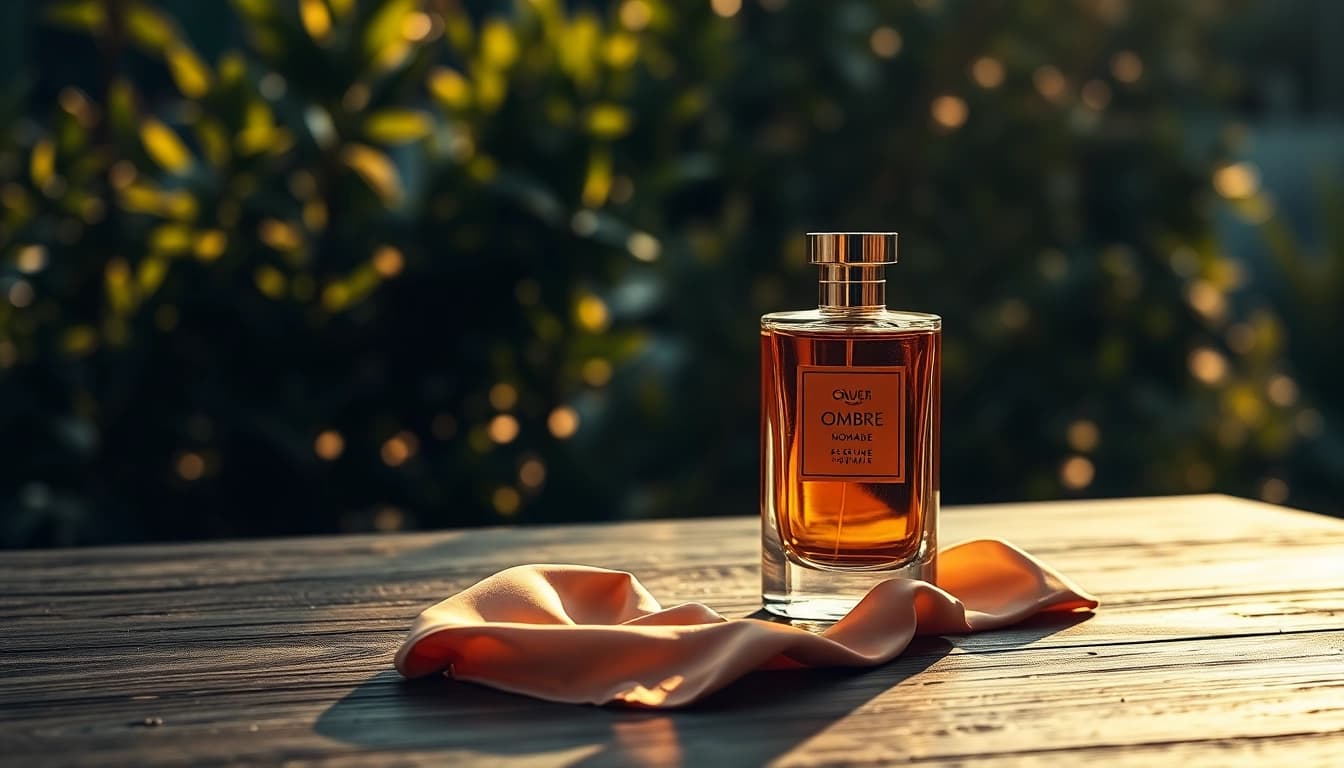 Showcase the luxurious Ombre nomade fragrance bottle with soft golden hour lighting.