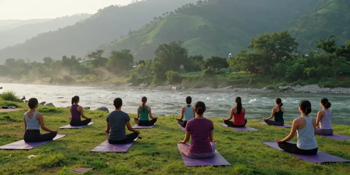 Practitioners engaged in hatha yoga courses near a scenic river in Rishikesh, enhancing their mindfulness.