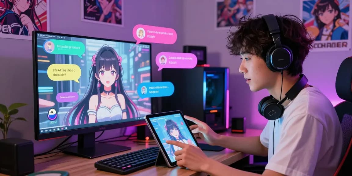 Engaging AI chat hentai interaction with vibrant anime character and holographic avatar in a dynamic chat environment