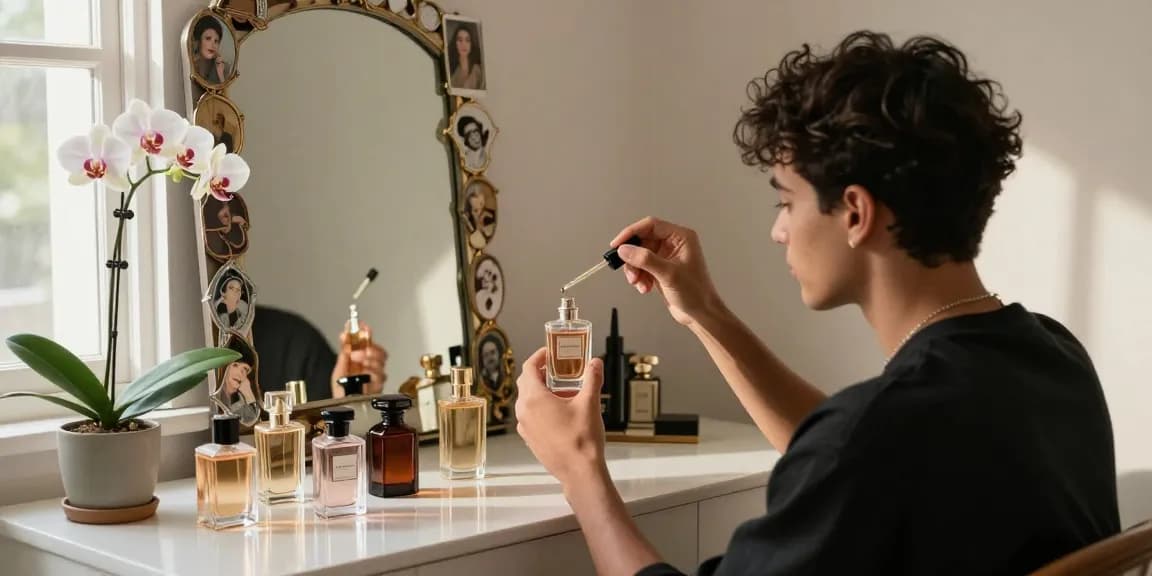 Discover essential perfume layering tips with a person blending fragrances at a stylish vanity.