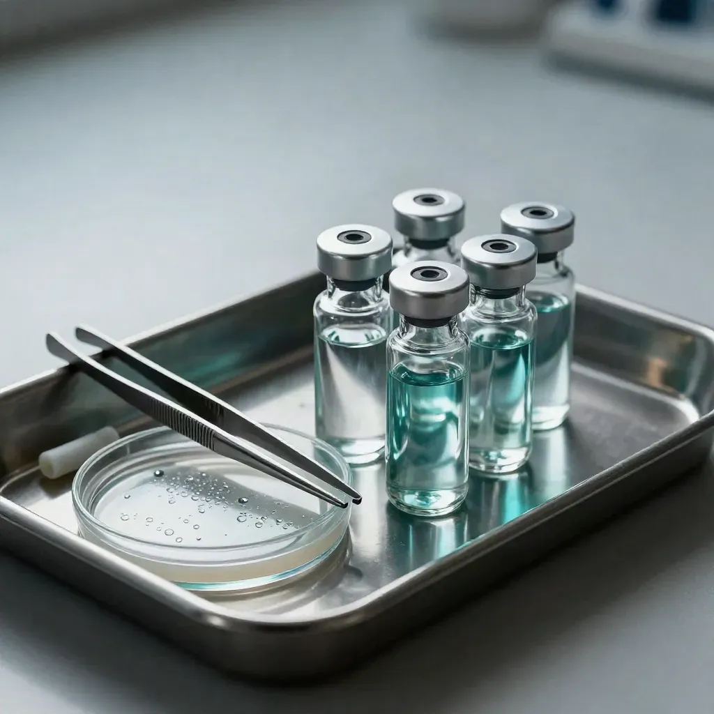 Glass vials and lab tools arranged on a metal tray with cool teal reflections.