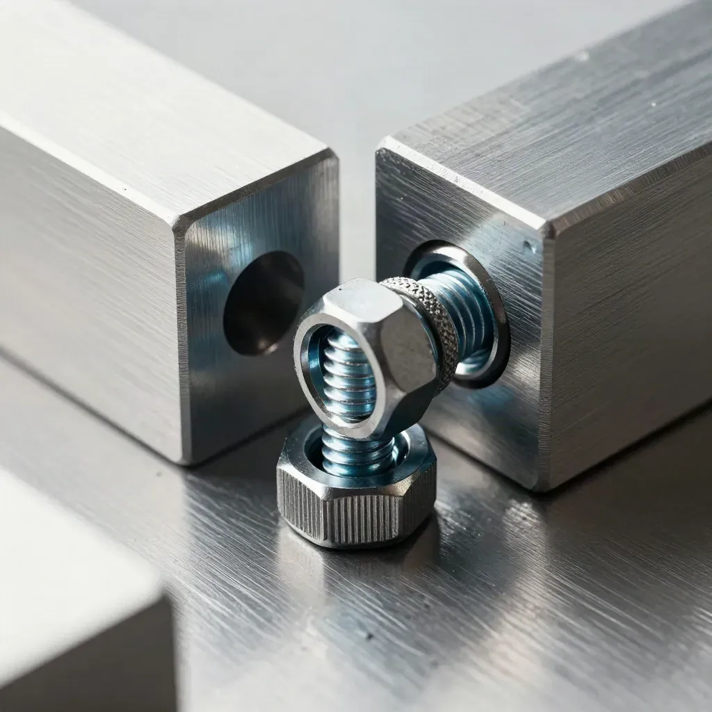 Milled aluminium parts arranged on brushed steel in soft workshop light.