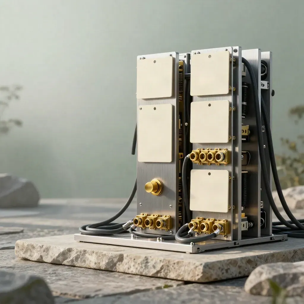 Brushed metal workflow modules on stone with a gold toggle in dawn mist
