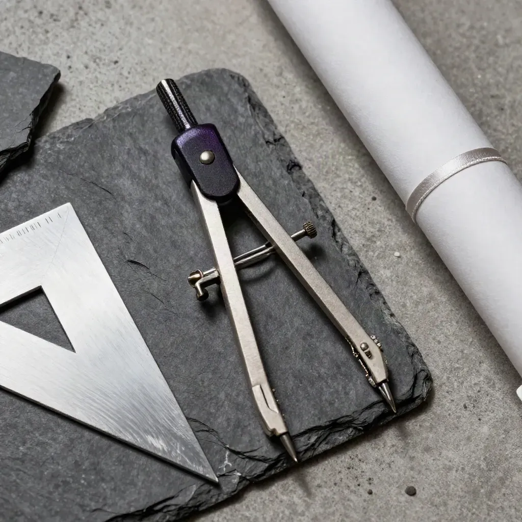 Architect's compass, triangle, slate chips and tracing paper on brushed concrete, overhead macro.