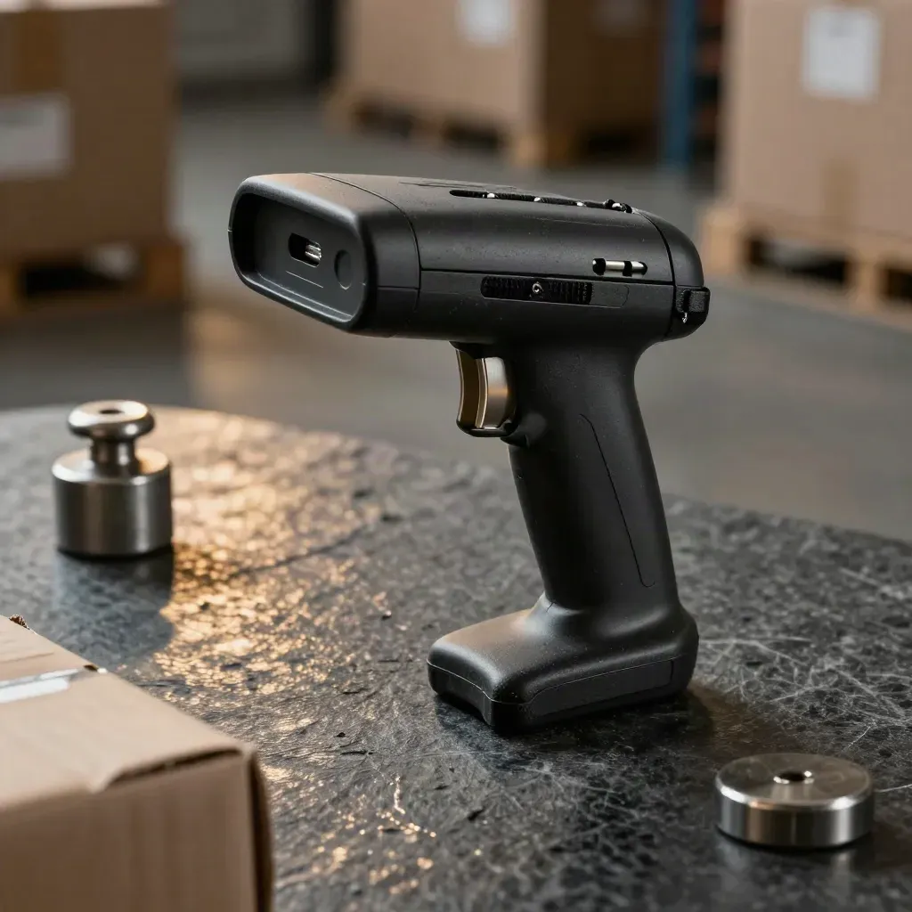 Scanner cradle, parcel buckles, box corners and steel weight on dark stone in warehouse haze.