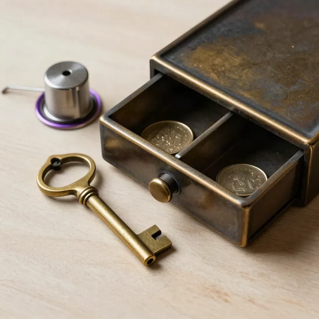 Brass cash-drawer key, coin tray, receipt spindle and clip on pale wood.
