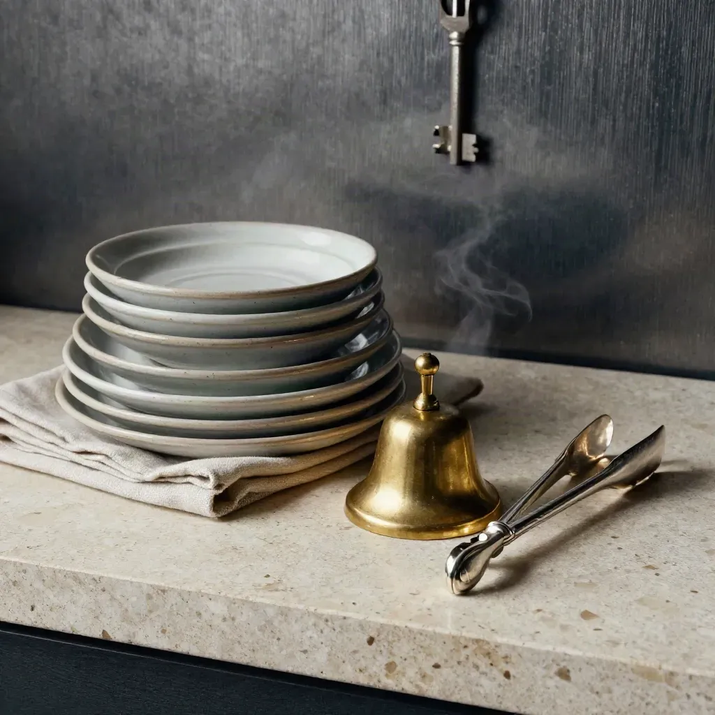 Brass service bell, ceramic saucers, linen and silver tongs on stone in warm steam.