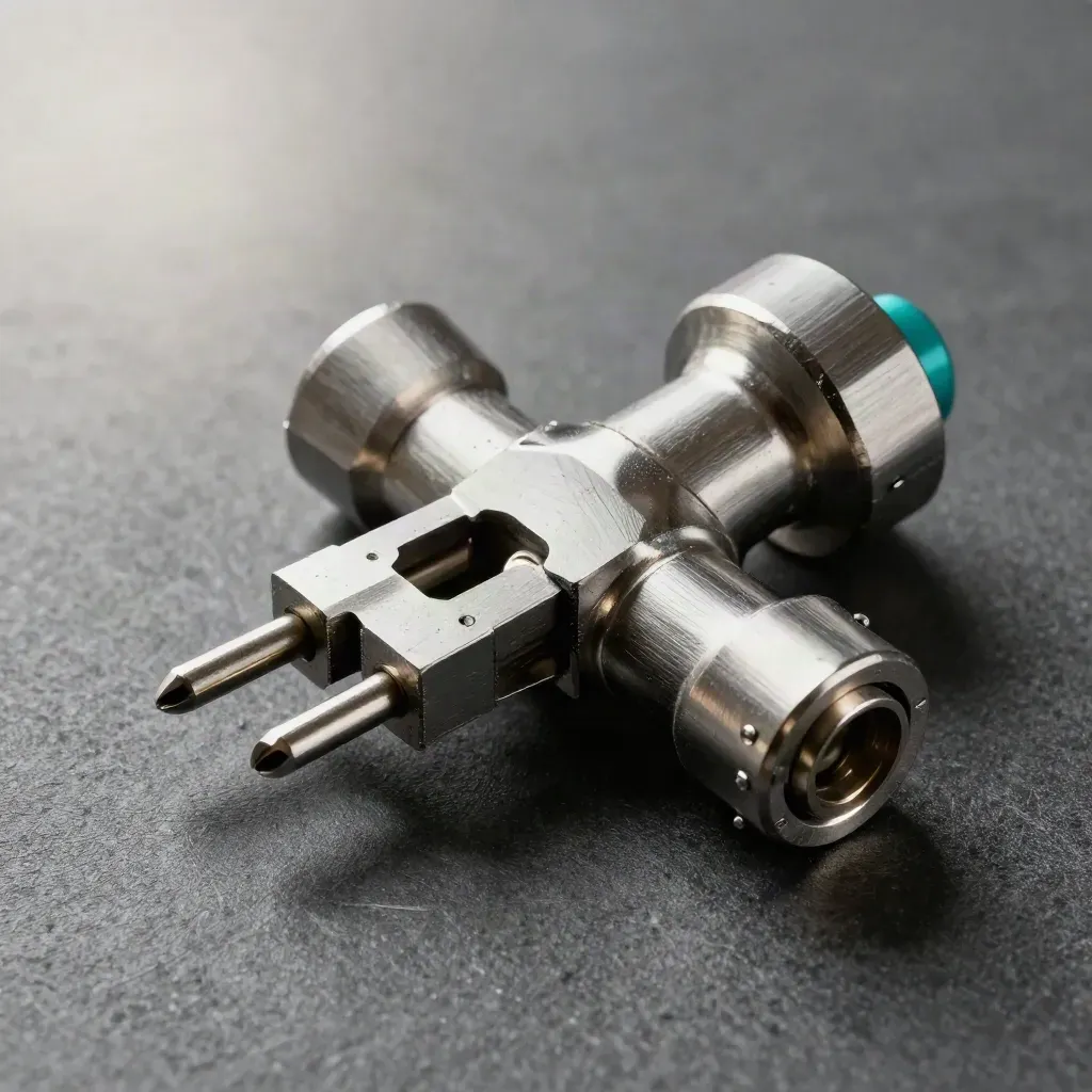 Brushed-metal routing blocks and pins on graphite stone with a subtle teal accent.