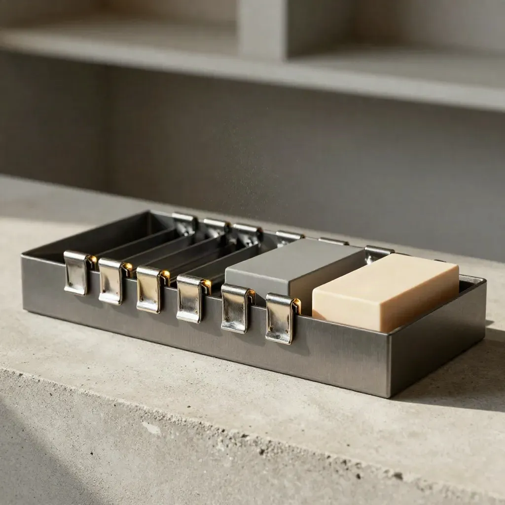 Modular file trays with metal clips and index blocks on pale concrete.