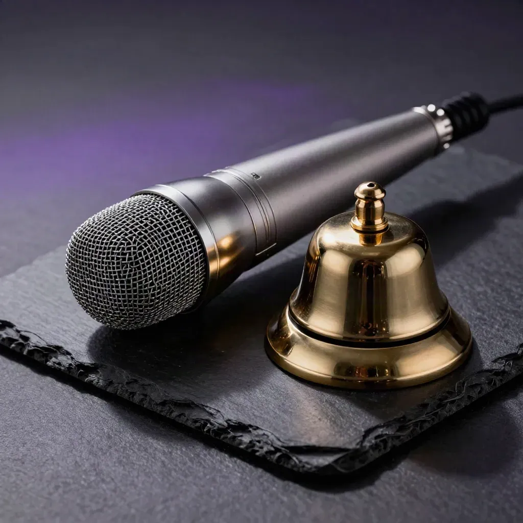 Microphone capsule, speaker puck and brass call bell on felt, lit dramatically