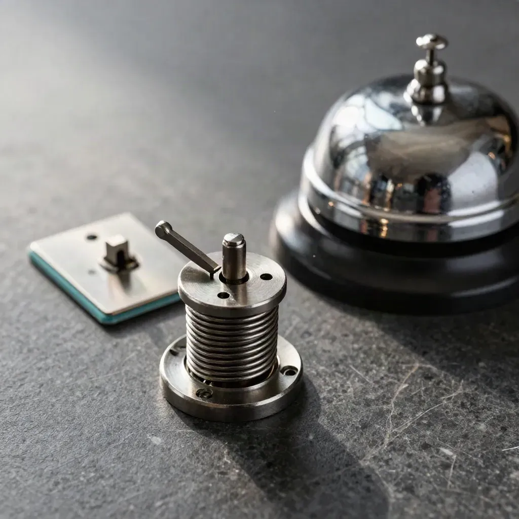 Relay timer, desk bell, and switch plate on dark stone in a tight macro product shot.