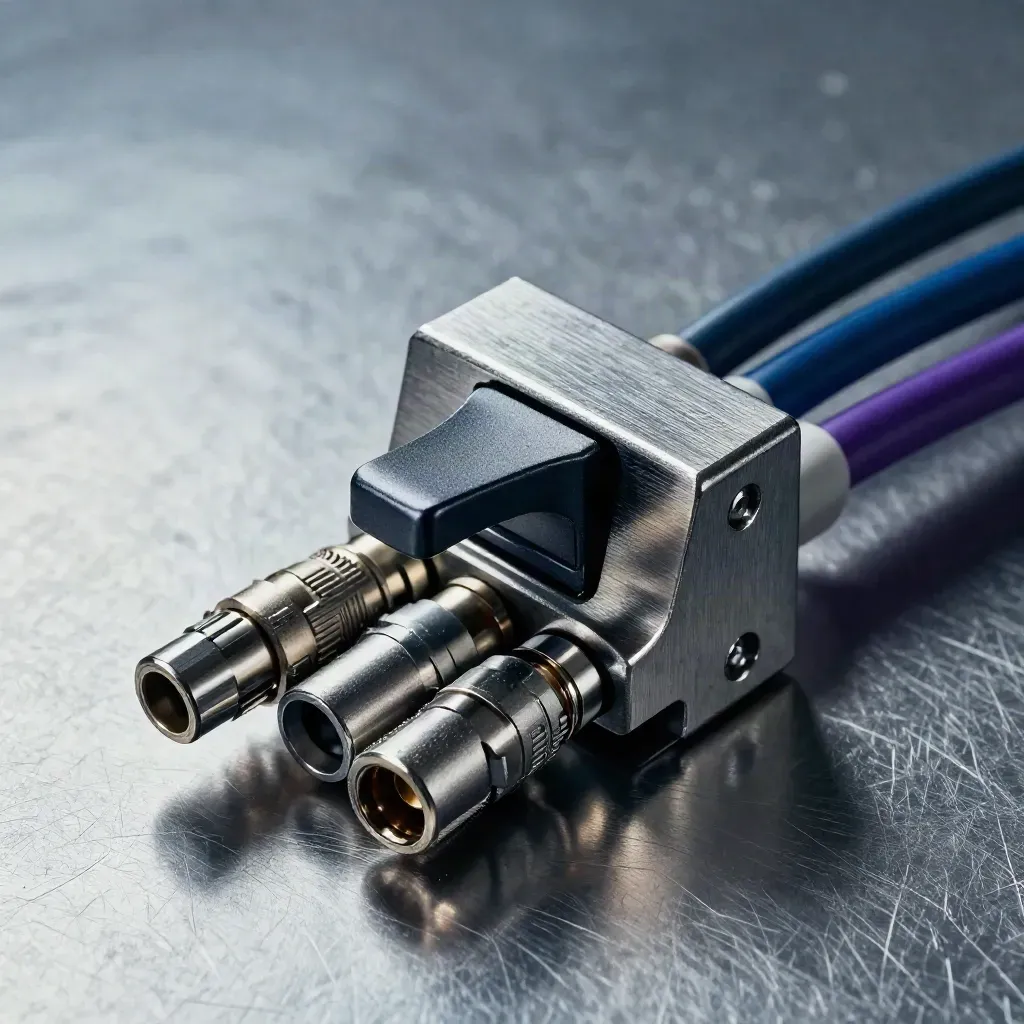Metal switch lever, three cable ends and junction block on brushed steel in cool violet-tinted light.