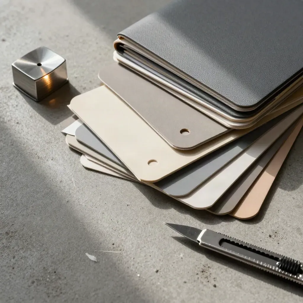Macro flat lay of swatch fan, folders, paperweight and drafting knife on concrete