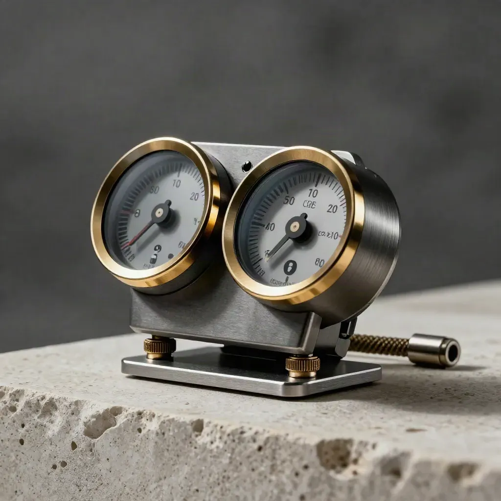 Analog twin gauges with indicator dial and mounting plate on pale stone, lit dramatically.