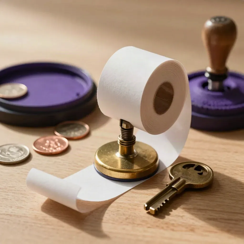 Receipt roll, cash-drawer keys, violet ink pad and coin tray on pale wood in warm light.