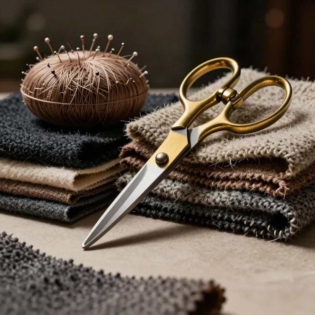 Tailor’s shears over wool samples beside a pin cushion on a warm table.