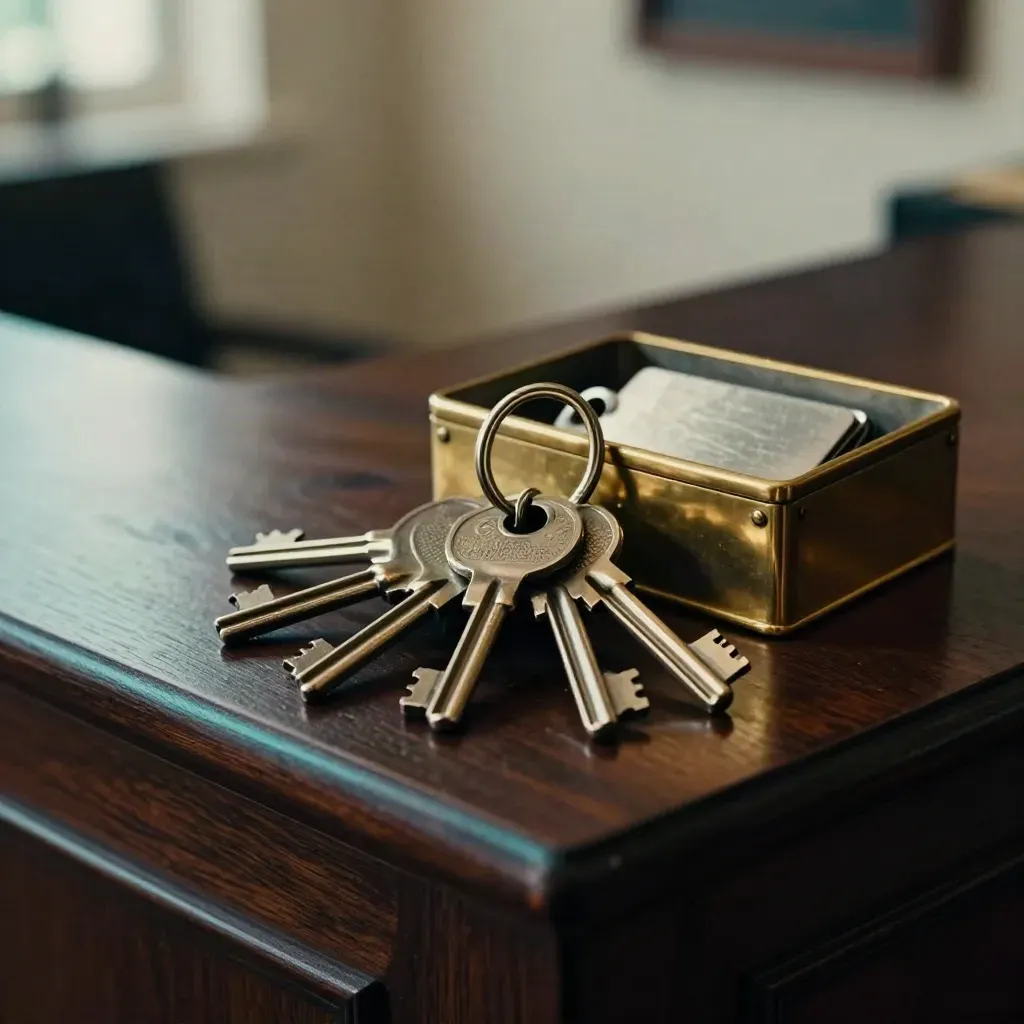 Macro still life of brass estate keys, key box, and blank metal tags on walnut