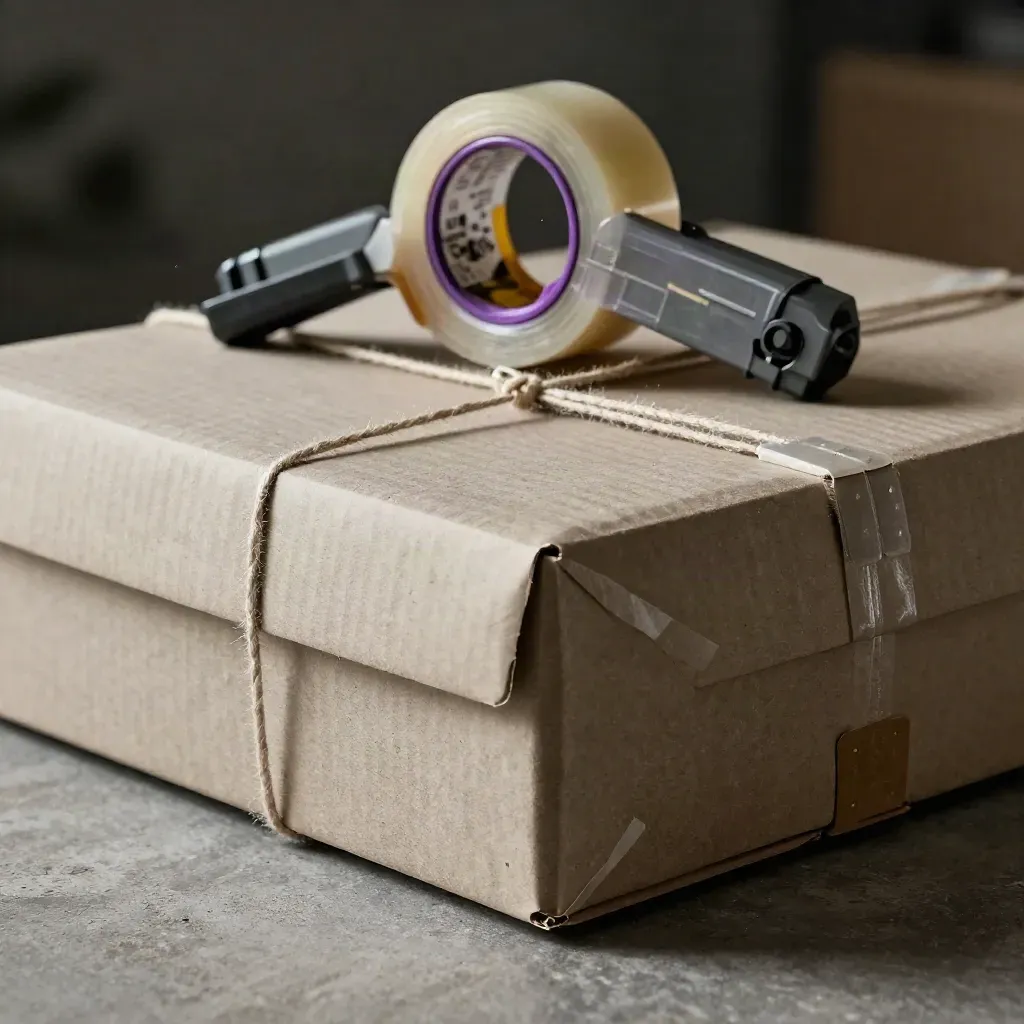 Parcel, twine, tape gun and corner protectors on stone in moody side light.