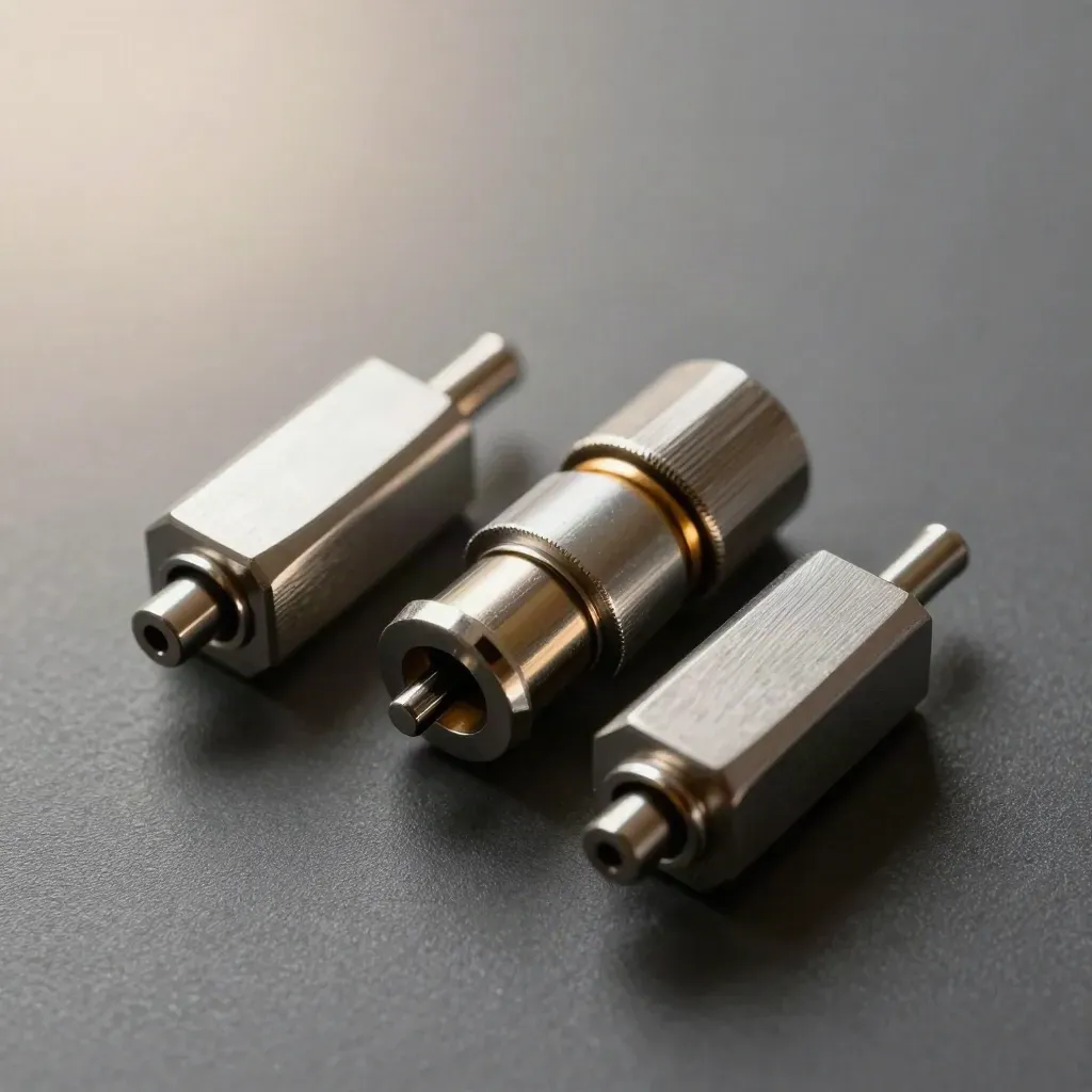 Top-down macro of brushed-aluminium connector blocks linked by rings and pins on graphite.