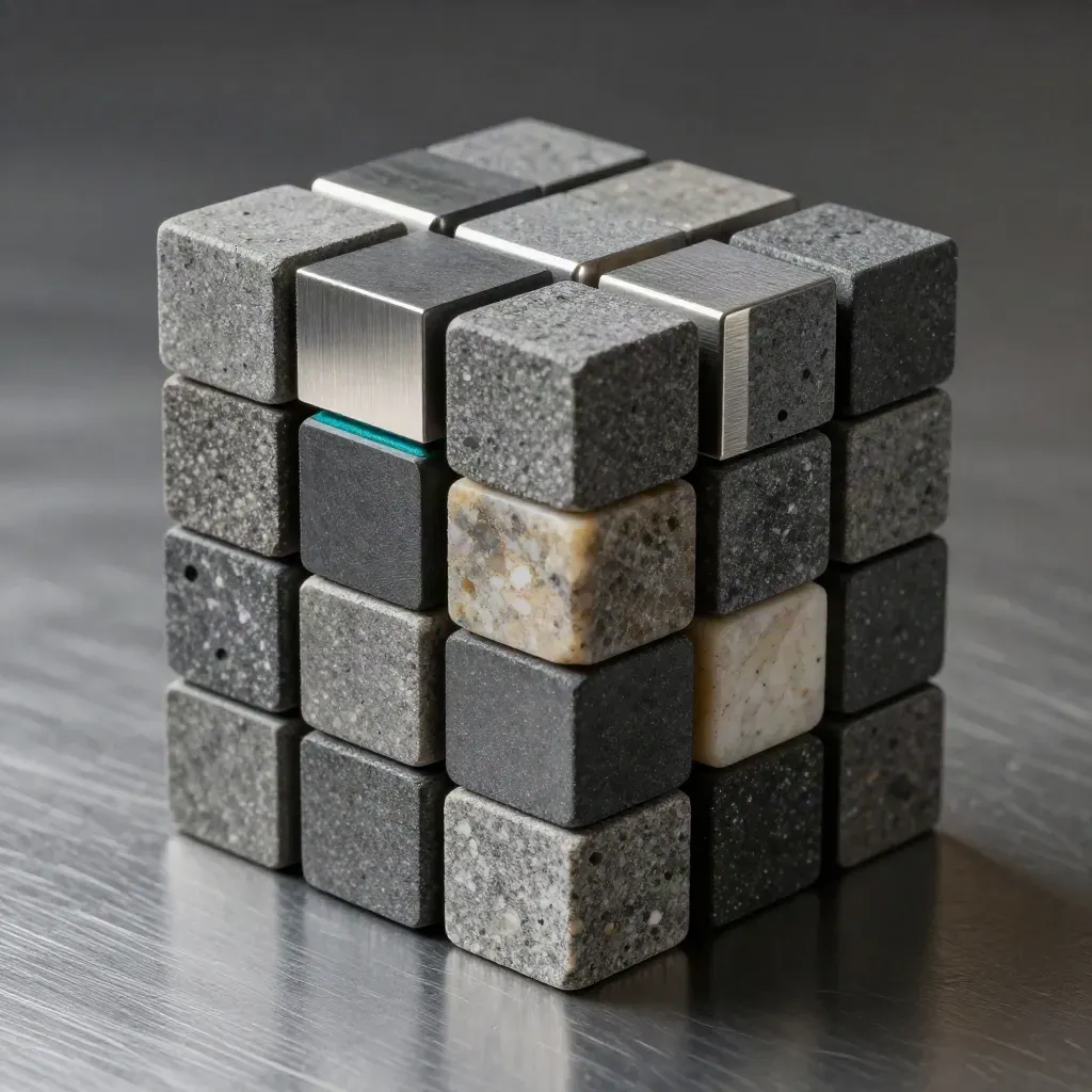 Graphite cubes and metal hardware on brushed metal, lit dramatically with a teal accent