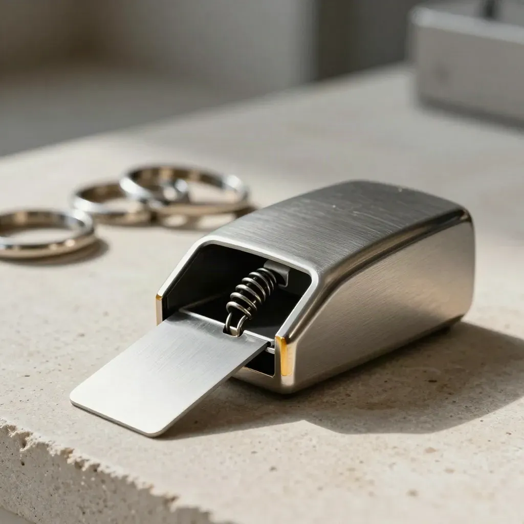 Brushed-metal payment-terminal parts on pale stone in soft daylight, low three-quarter still life.