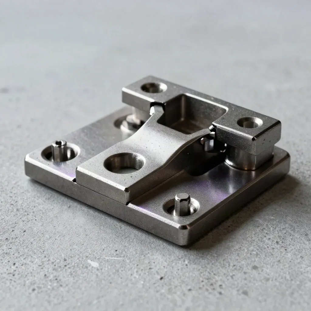 Macro of hinge brackets and metal plates on pale concrete, lit with a violet-tinted skimming beam
